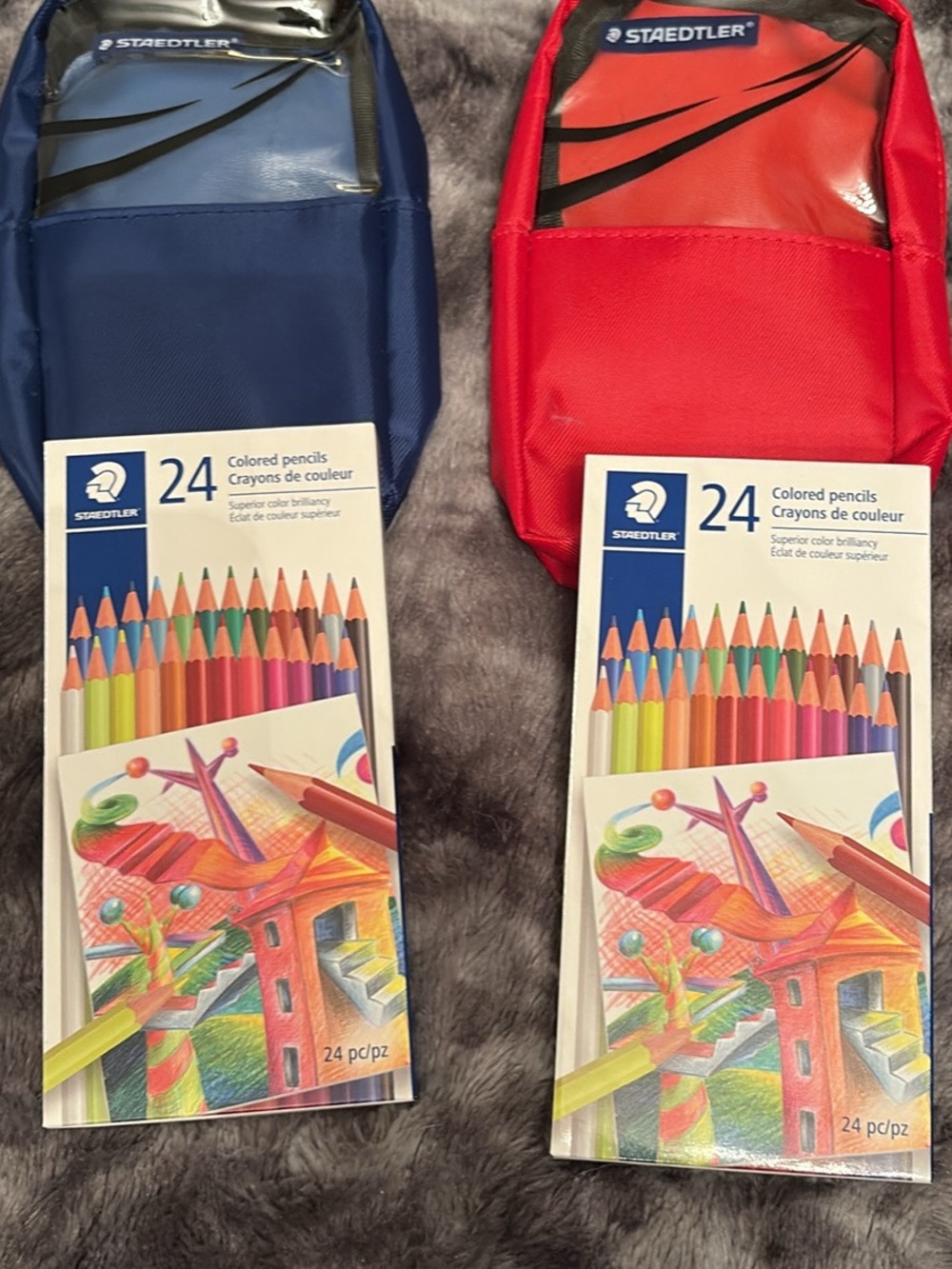 Kids Colored Pencil Set with Blue and Red Pouches - 24 Pack